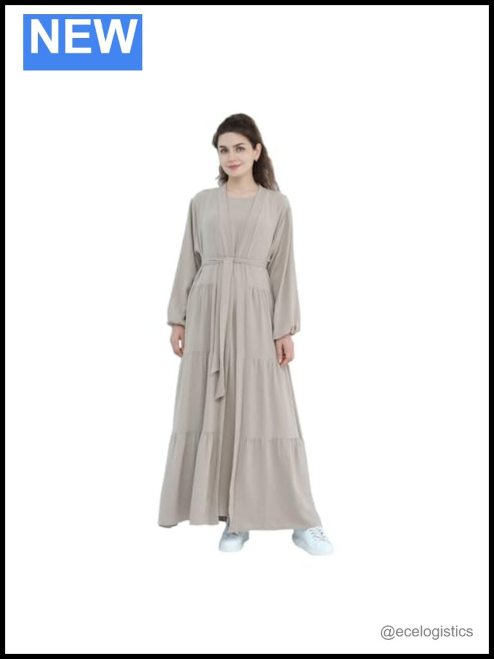 Women Muslim Abaya Robe Dress Set with Belt Lantern Sleeve